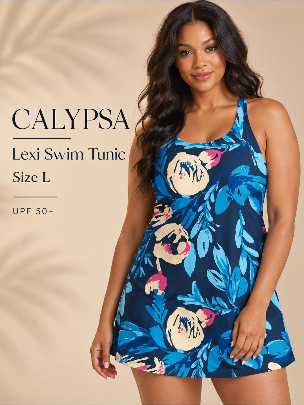 Calypsa Lexi Floral Swim Tunic Dress UPF 50+ Size L NWT